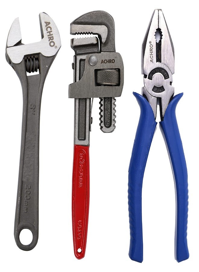 ACHRO Combo Pack of 3 Tool Kits Set for Home (Contains 8 Inch Adjustable Spanner, 8 Inch Combination Plier, 10 Inch Pipe Wrench, Pouch Packing) - Image 2